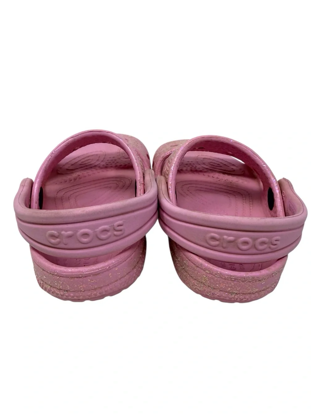 Crocs double strap pink glitter slip on sandals child’s size 8